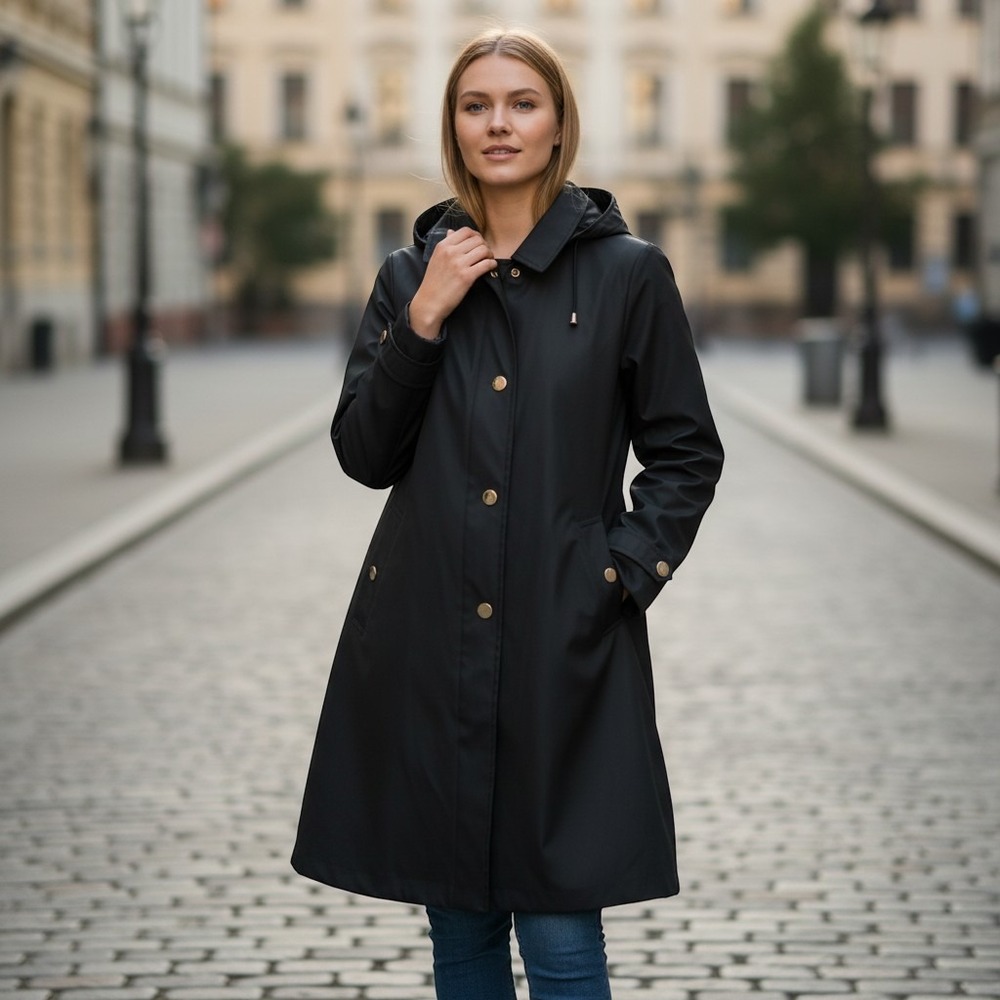 Calvin Klein Womens Black Hooded Raincoat A-Line Softshell Trench Coat L